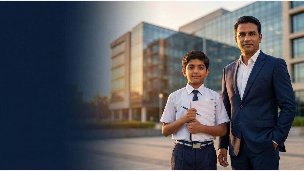 Indian student and corporate professional standing confidently in front of a modern office building for career guidance and growth.