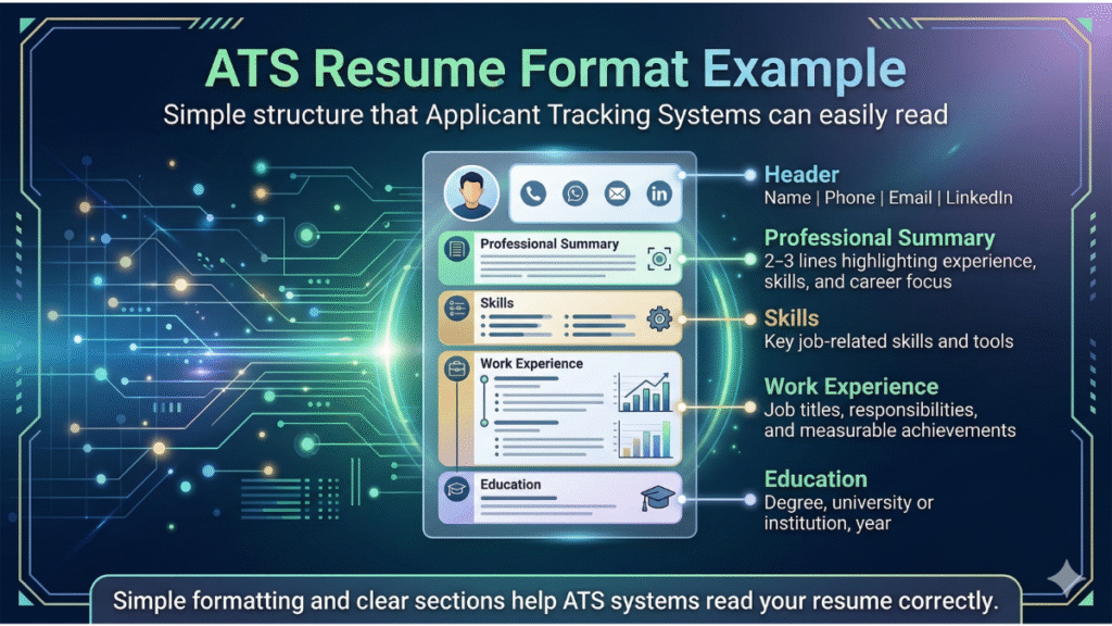 example of ATS resume format showing header summary skills work experience and education sections