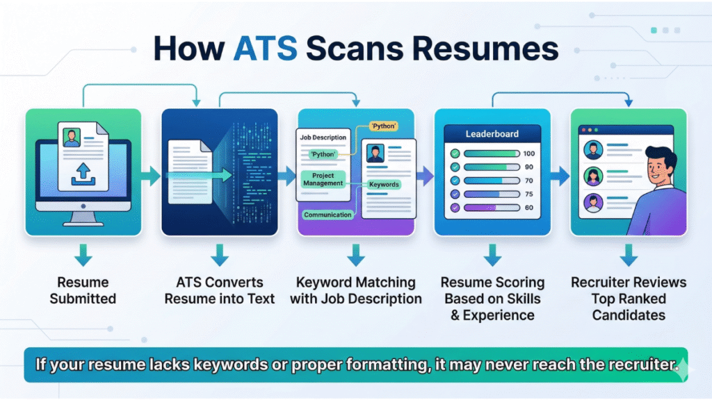 diagram explaining how ATS scans resumes including keyword matching scoring and recruiter review
