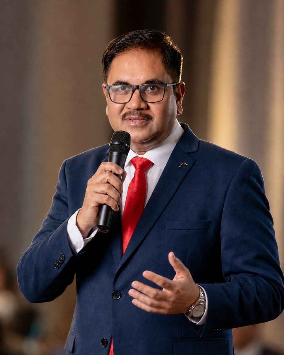 Arun Kumar Saxena, Certified Advanced Career Coach and founder of MINDSCAN, addressing an audience with a microphone