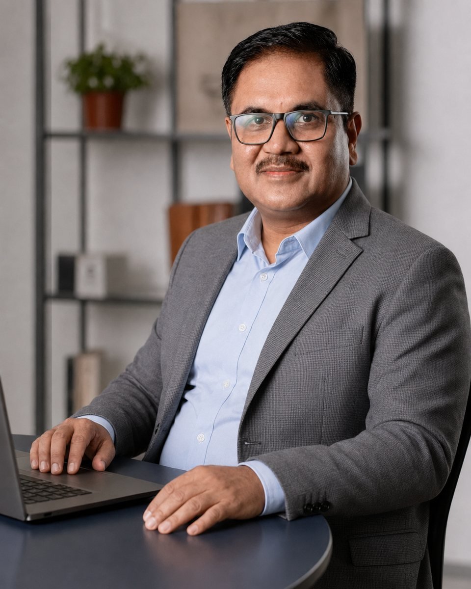 Arun Kumar Saxena, Certified Advanced Career Coach and founder of MINDSCAN, at his office desk with a laptop