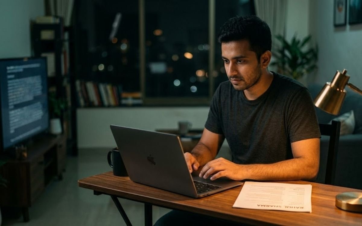 Indian jobseeker at his laptop at night checking his resume against ATS screening rules