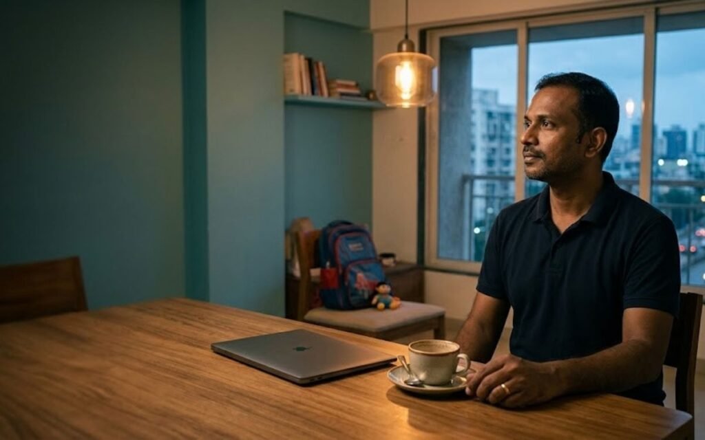 Indian professional in his forties weighing a career change at 40 at his kitchen table in the evening