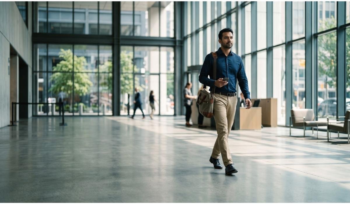 Indian professional walking through a modern office lobby