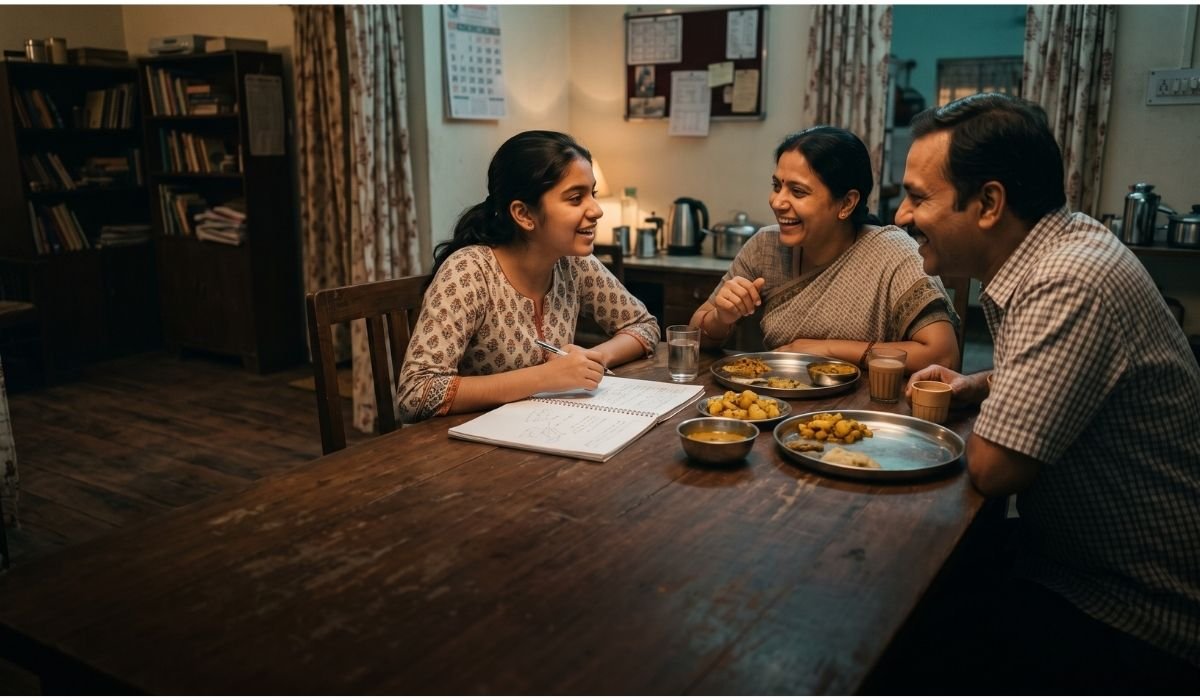 Indian family discussing career options for their teenage daughter at home