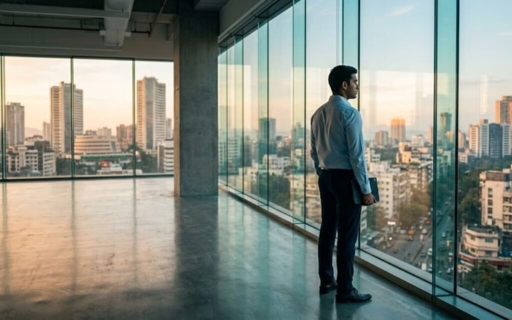 Indian professional looking out over a city skyline while planning career-proof skills for 2030