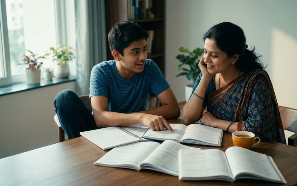 Indian mother and her son planning CBSE board exam 2026 preparation together at home