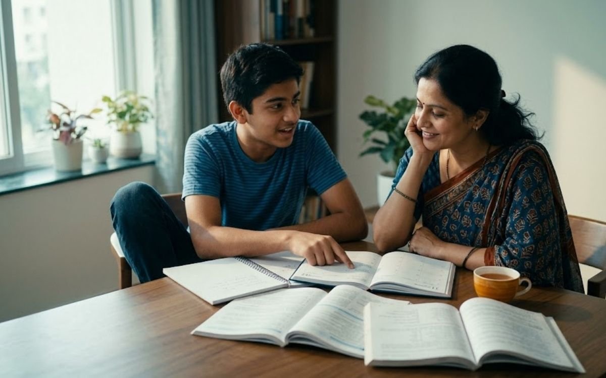 Indian mother and her son planning CBSE board exam 2026 preparation together at home
