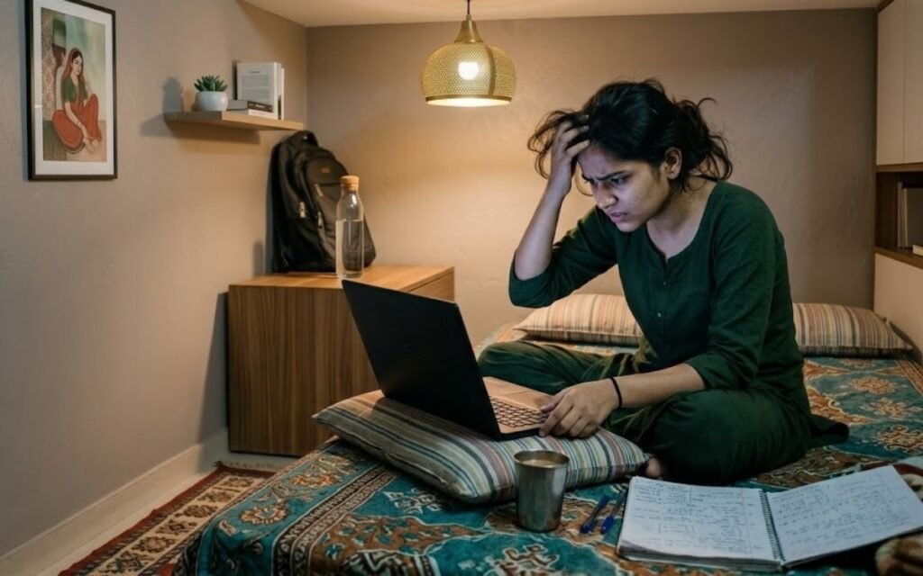 A final-year student building a project at home while preparing for entry level jobs in India