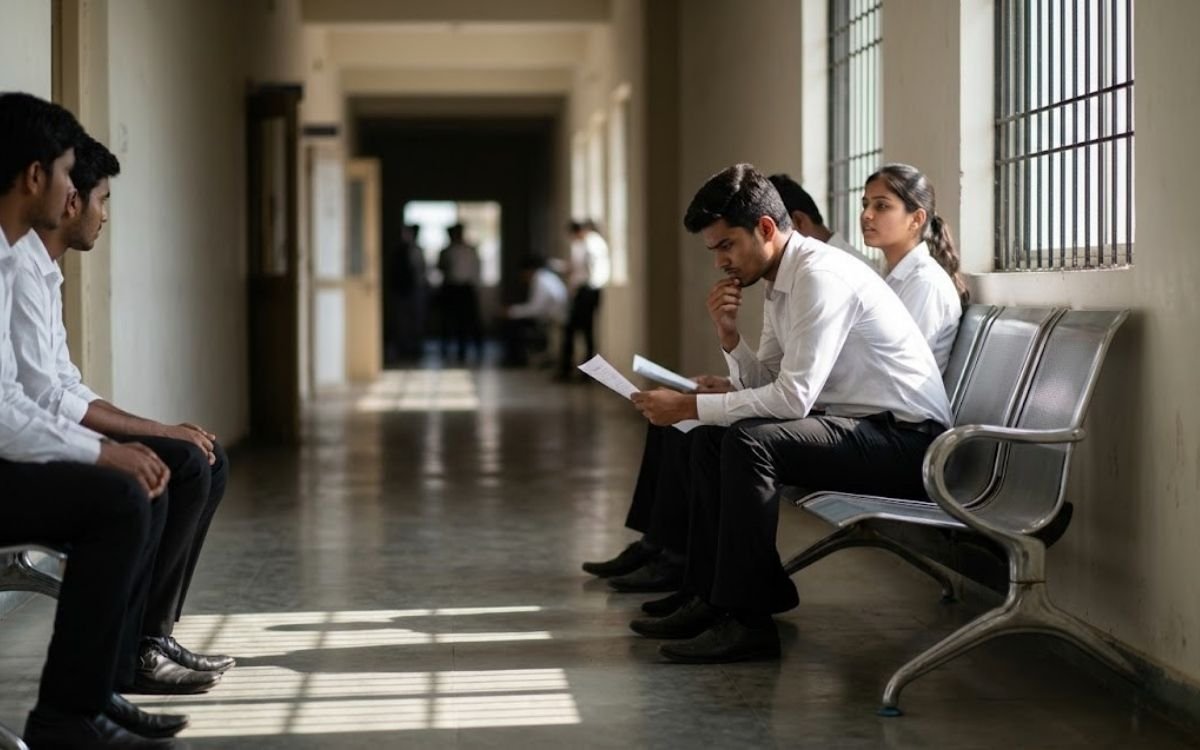 Final-year students waiting for a campus placement interview, entry level jobs in India 2026