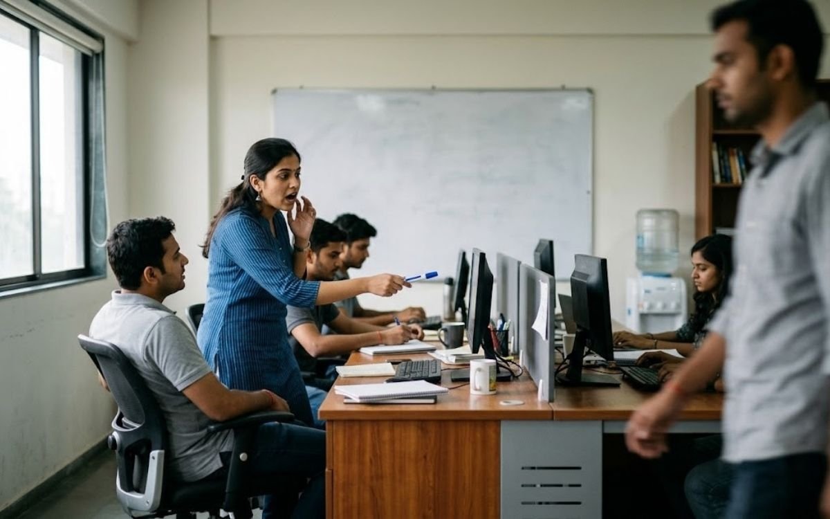 Young professionals working in a tier-2 city office, entry level jobs in India