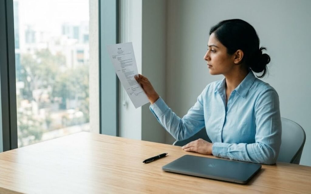 Indian jobseeker reviewing a printed resume for ATS-friendly formatting best practices