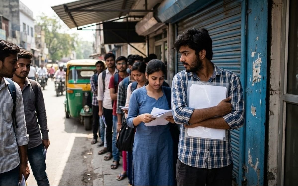 Students waiting outside a visa application centre in India, the reality of study abroad after 12th in 2026