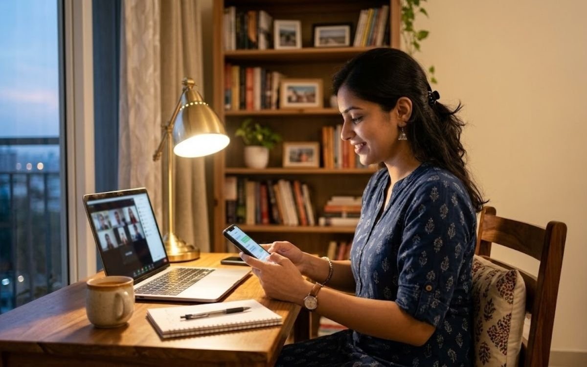 A woman booking a career counselling session on her phone at home in India, laptop open beside her