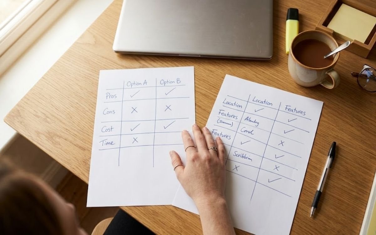 Comparing degree options side by side on paper, the method used in career counselling to choose a career after Class 12