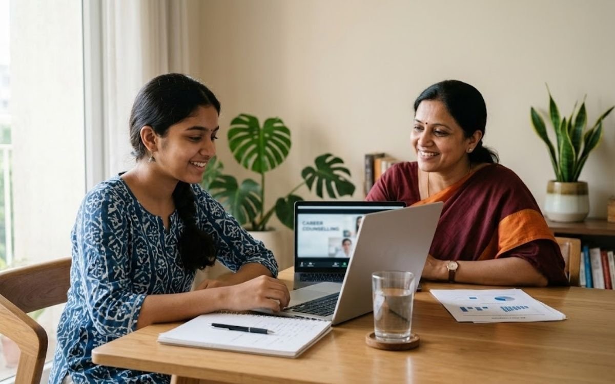 A student and parent in an online career counselling session in India, reviewing an assessment report on screen