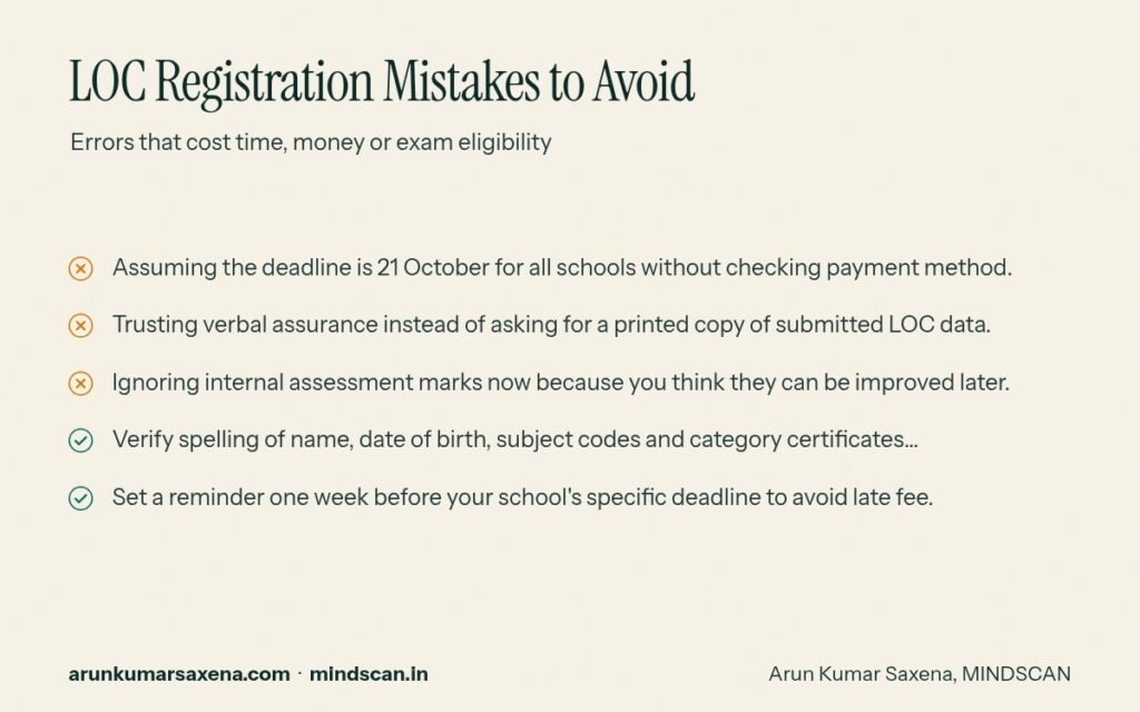 Checklist of five dos and don'ts for CBSE Class 10 LOC registration to avoid common mistakes.