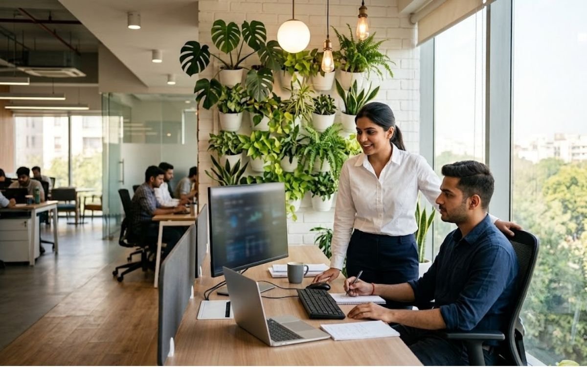 A young developer at work in a modern Indian startup office after an off campus placement