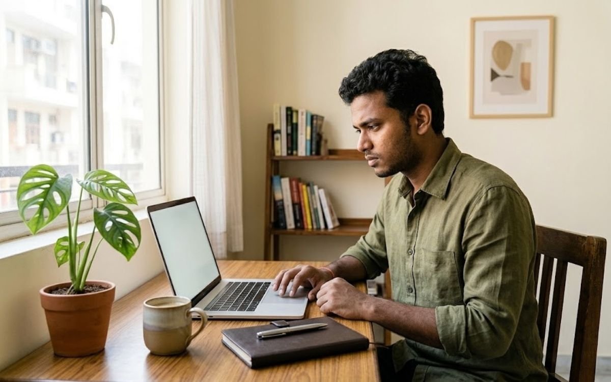 A young Indian graduate researching off campus placement openings at a home study desk