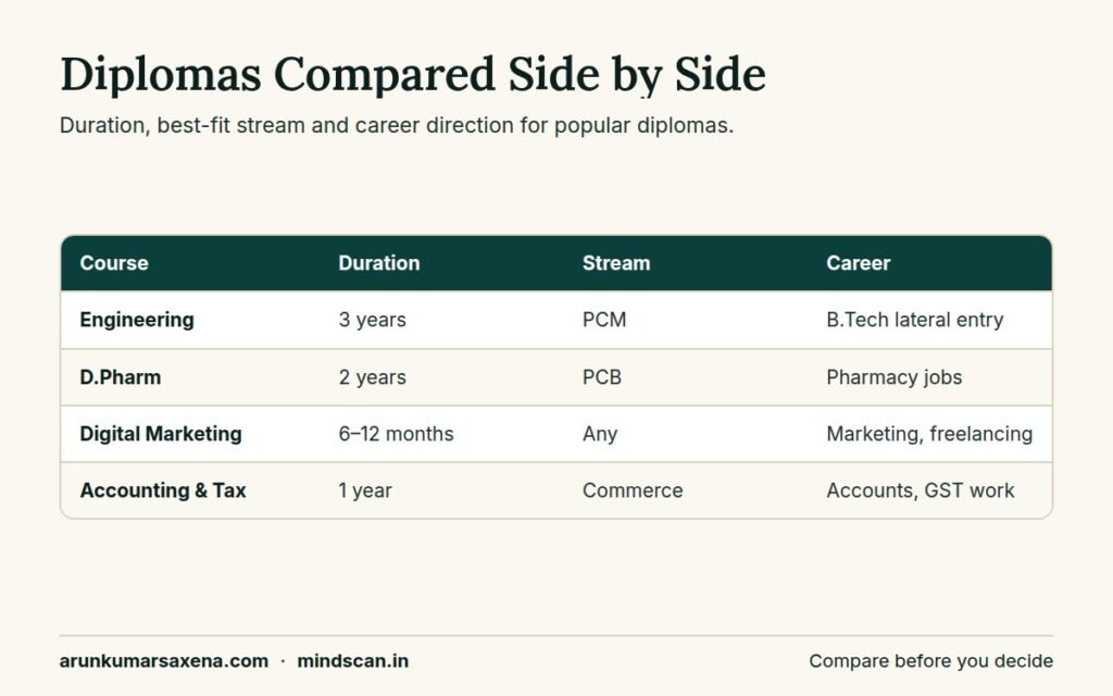 Comparison table of the best diploma courses after 12th showing duration, stream and career path