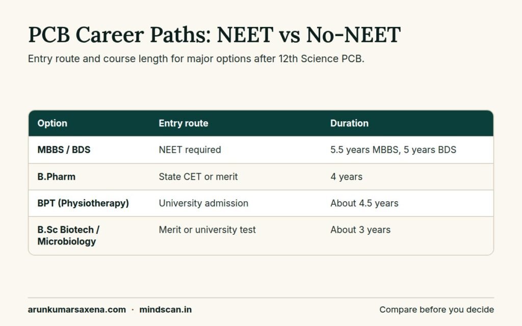 Career options after 12th Science PCB compared: MBBS, BDS, B.Pharm, BPT and B.Sc Biotechnology by entry route and duration