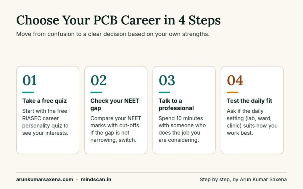 Four steps to choose among career options after 12th Science PCB: quiz, NEET gap, talk to a professional, daily fit