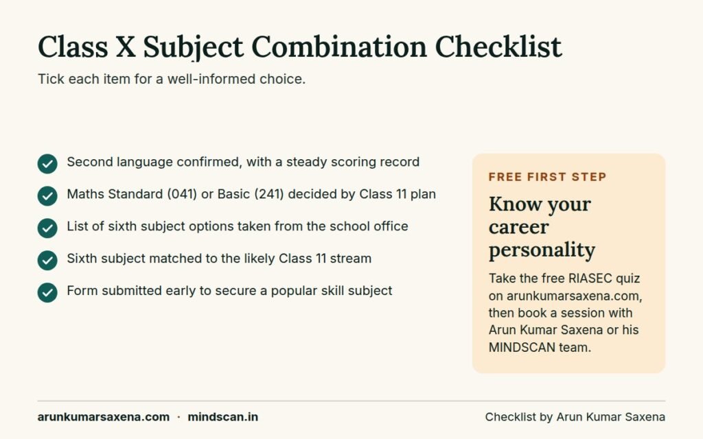 Checklist for class X subject combination: second language, Maths level, sixth subject, stream match and early form