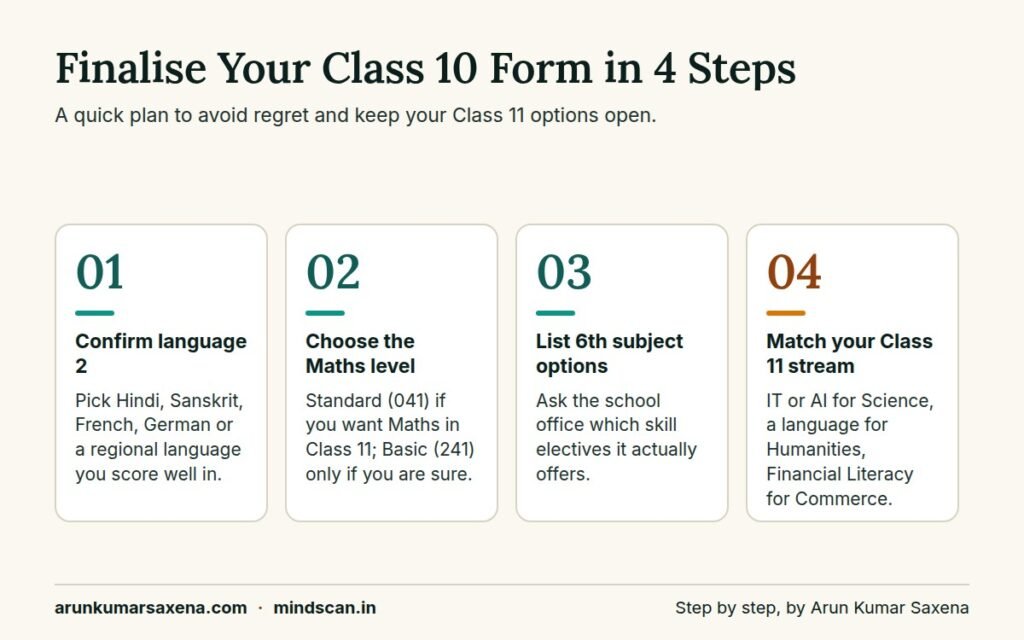 Four steps to finalise your class X subject combination: second language, Maths level, sixth subject, Class 11 stream
