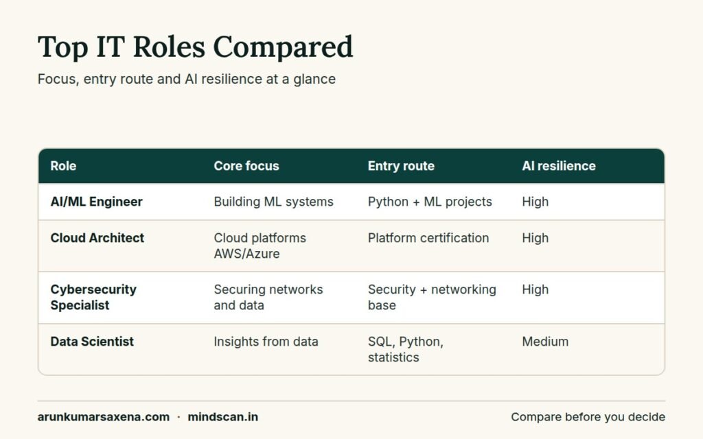 Comparison table of high-paying IT jobs in India covering role focus, entry route and AI resilience